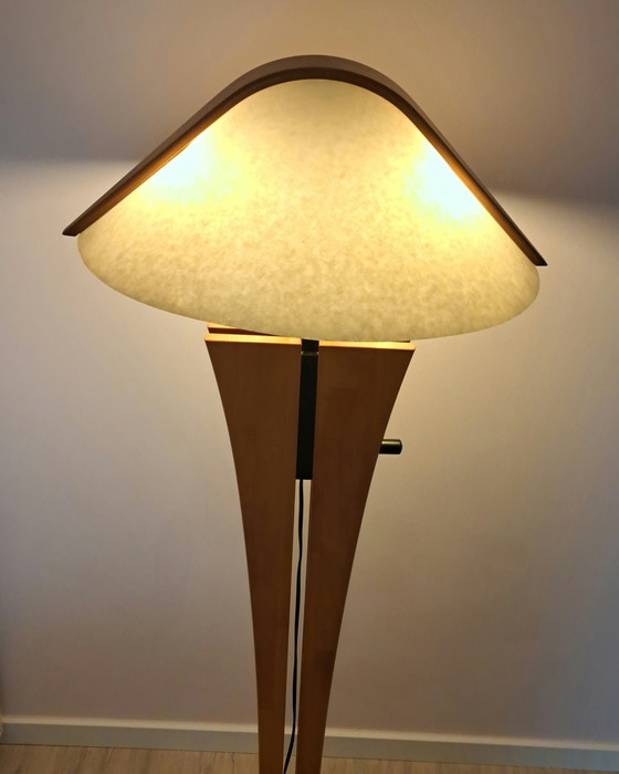 Image 1 of Lampadaire Domus 6502 – Réglable – Bois de hêtre et abat-jour Lunopal d'origine – Fabriqué en Allemagne