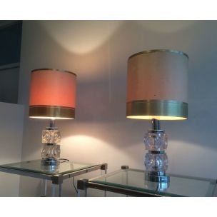Pair of vintage table lamp in glass and chrome,1960