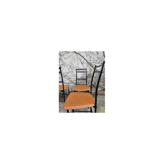 Image 1 of Set of 6 vintage aluminum and brown leather dining chairs by Ycami, 1980
