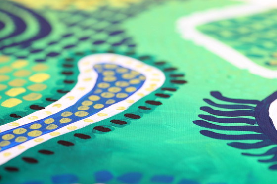 Image 1 of Modern abstract green, yellow, purple and orange mixed media painting