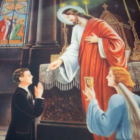 Image 1 of Lámina religiosa conmemorativa antigua enmarcada para la Primera Comunión.
