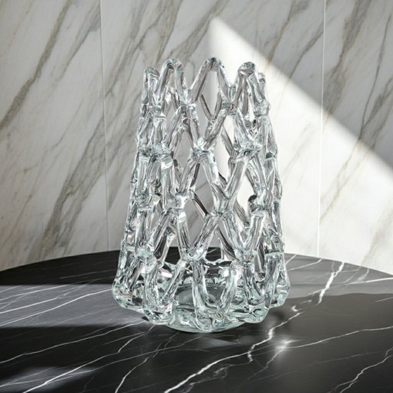 Image 1 of Murano-Glasvase aus der Mitte des 20. Jahrhunderts – Gittermuster aus Kristallglas im Art-déco-Stil