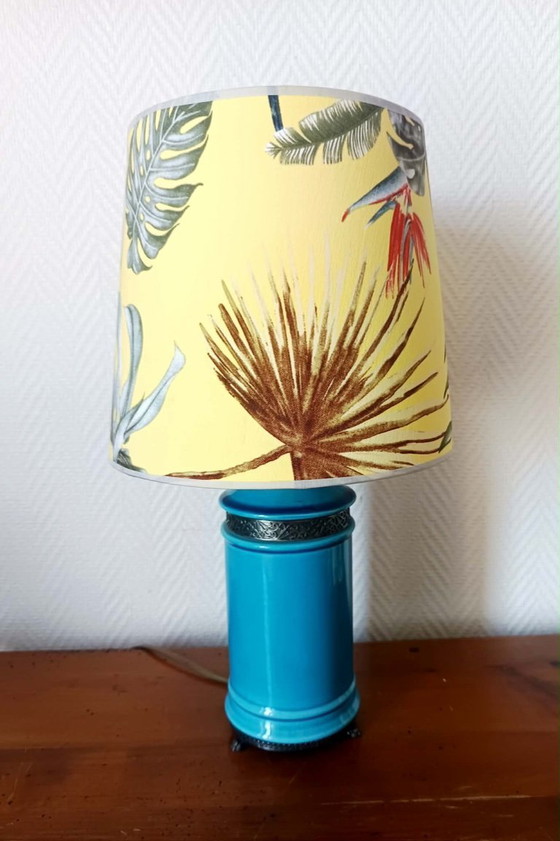 Image 1 of Blue ceramic lamp with claw feet and foliage lampshade