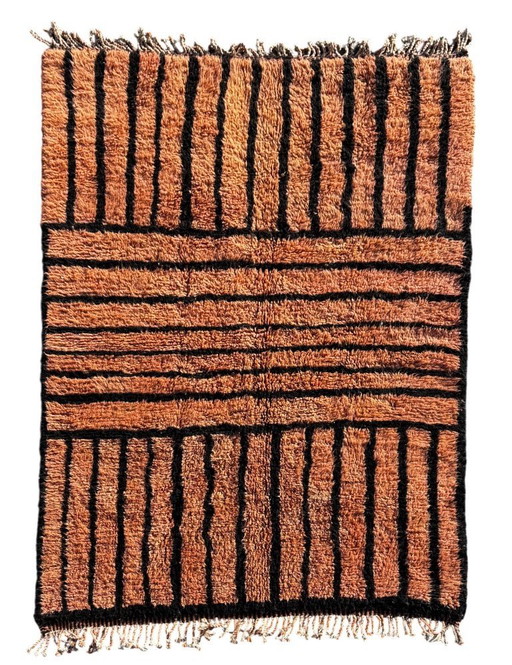 Alfombra marroquí Mrirt hecha a mano, 210 x 300 cm, de lana marrón, con diseño bereber.