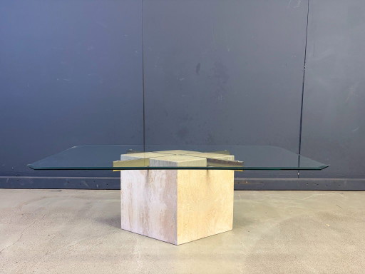 Travertine And Brass Coffee Table By Artedi, 1980s – salontafels, Glass, Metal (photo 2 of 9)