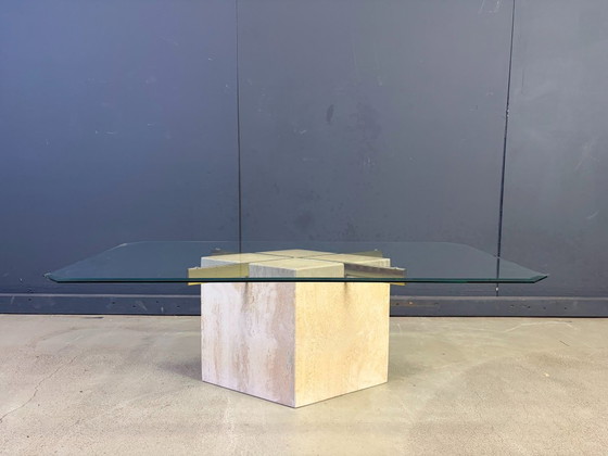 Travertine And Brass Coffee Table By Artedi, 1980s – Glass, Metal (photo 2 of 9)