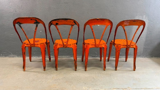 Image 1 of Set van vier industriële metalen eetkamerstoelen van Joseph Mathieu, gelakt staal, jaren 1920, Frankrijk