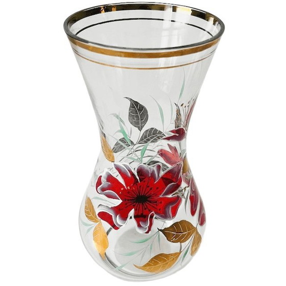 Image 1 of Vaso in vetro Art Déco con gigli dipinti a mano in rosso e oro, anni '30