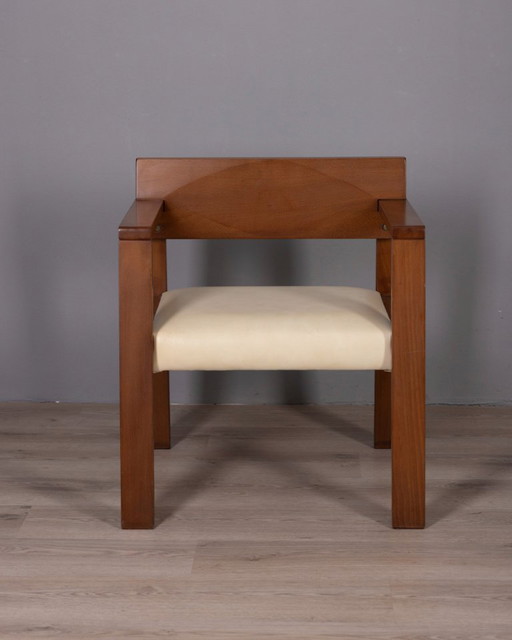 Poltrona vintage italiana in legno e pelle, anni '80