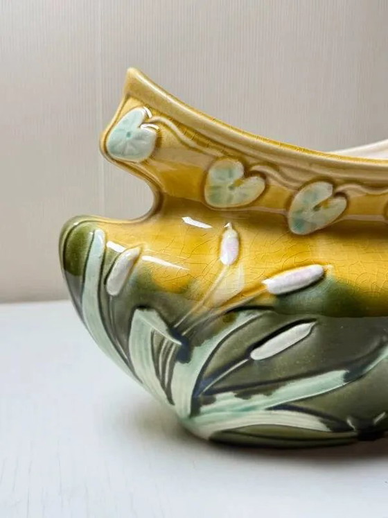 Vaso Barbotine Art Nouveau Antico, Firmato Orchies (c. 1900), Vasi per piante, Porcellana, Giallo (foto 3 di 6)