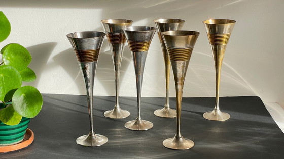 Image 1 of 6 vintage champagneglazen van verzilverd messing