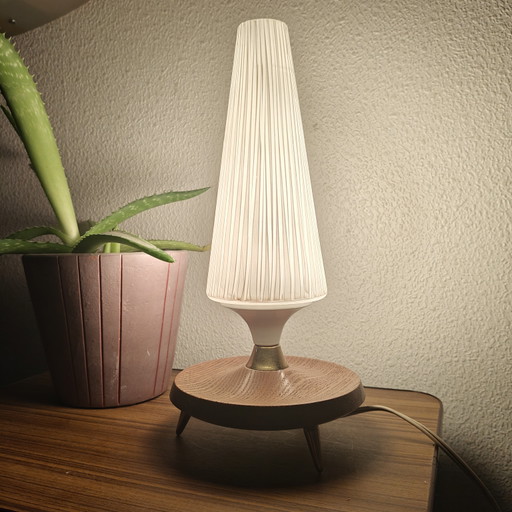 Vintage Atomic Style Table Lamp – Wooden Tripod Base – Mid Century Modern