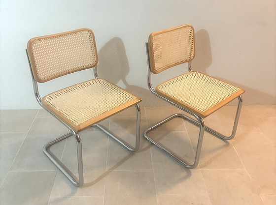Image 1 of Set di sedie da pranzo a sbalzo in canna modello B32 in cromo di Cesca Italia, design di Marcel Breuer