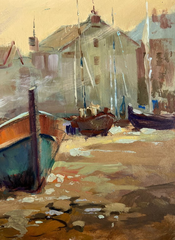 Image 1 of Pintura al óleo original Paisaje urbano al atardecer Atardecer en el muelle