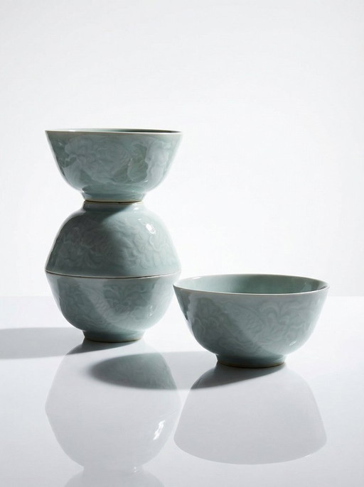 4 Vintage 70s-80s Chinese Celadon Porcelain Rice Bowls with Koi Carp Reliefs