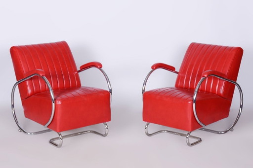 Restored Bauhaus Pair of Armchairs, by Hynek Gottwald, Leather, Czech, 1930s – fauteuils, Metal