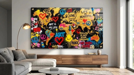 Mappa del mondo di lusso stampata su vetro acrilico – Banksy Street Art versione XXL 200 × 110 cm (photo 3 of 8)