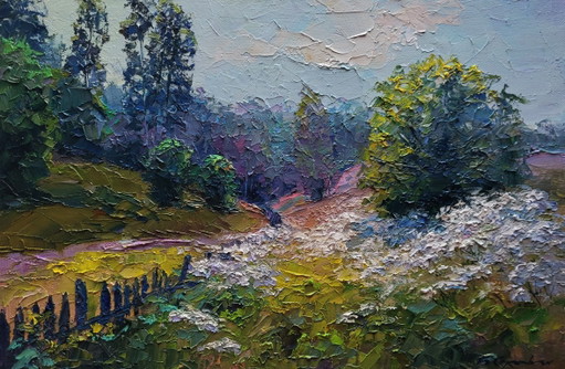 Original Oil Painting Summer Landscape Nature Wildflowers Are Growing – schilderijen tekeningen, Canvas