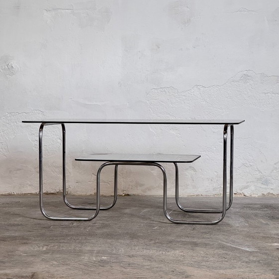 Image 1 of Hungarian Two-Tier Glass Bauhaus Coffee Table – Original Condition