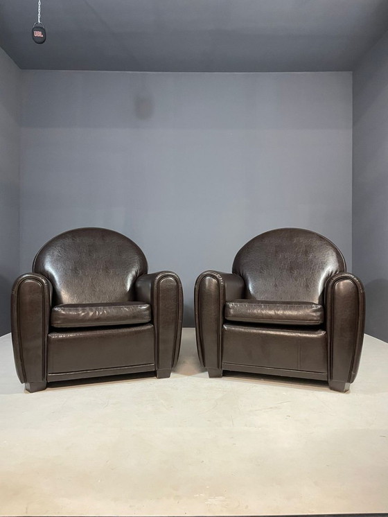 Image 1 of Paar leren fauteuils in Franse art-decostijl, jaren 70