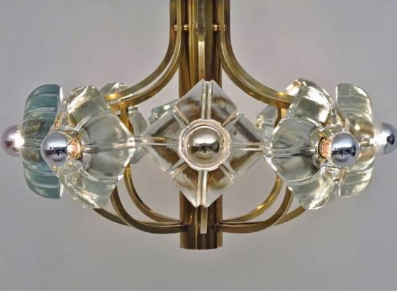 Image 1 of Sische Simon & Schelle chandelier, 8-light, brass, crystal glass, floral design, 1970s