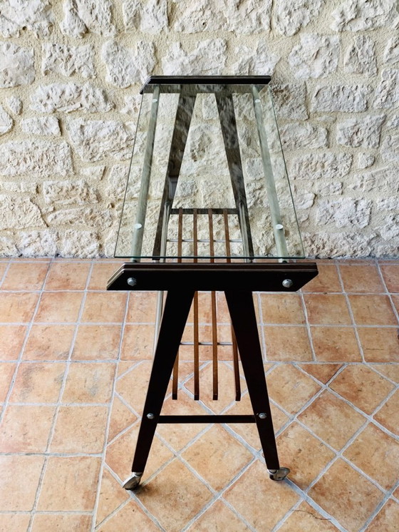 Image 1 of Vintage Glass and Brushed Metal Side Table on Wheels from Zuenelli, 1960s