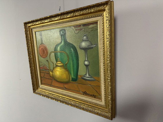 Image 1 of Magical Realist Kettle and Jug Still Life by Ferdinand Vercnocke, Oil on Canvas, Belgium, Mid-20th Century