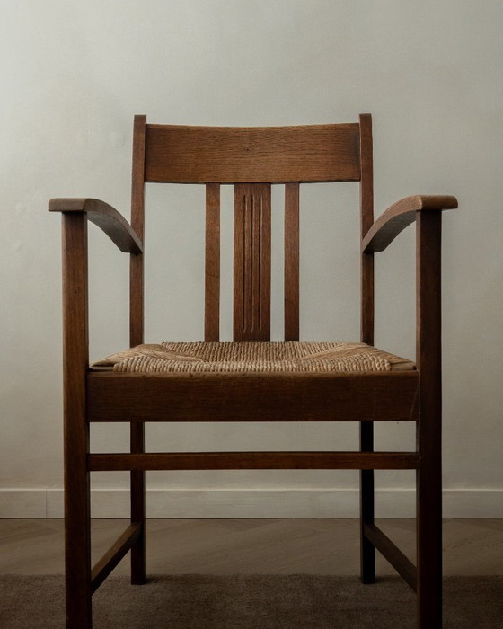 Image 1 of Niederländischer Art-Deco-Sessel aus Eiche und Binsen, Amsterdamer Schule, 1920er Jahre