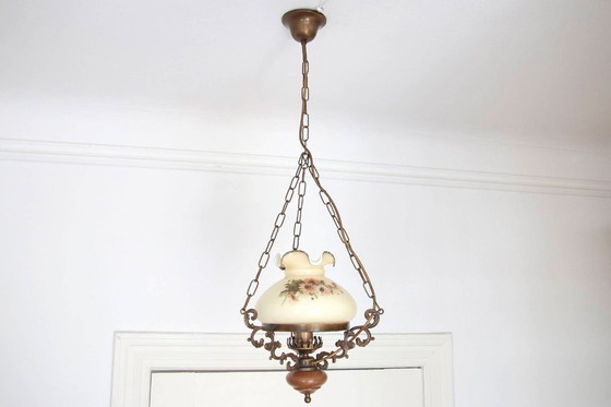 Image 1 of Ceiling lamp, pendant lamp, petroleum glass shade, 75-90cm, vintage