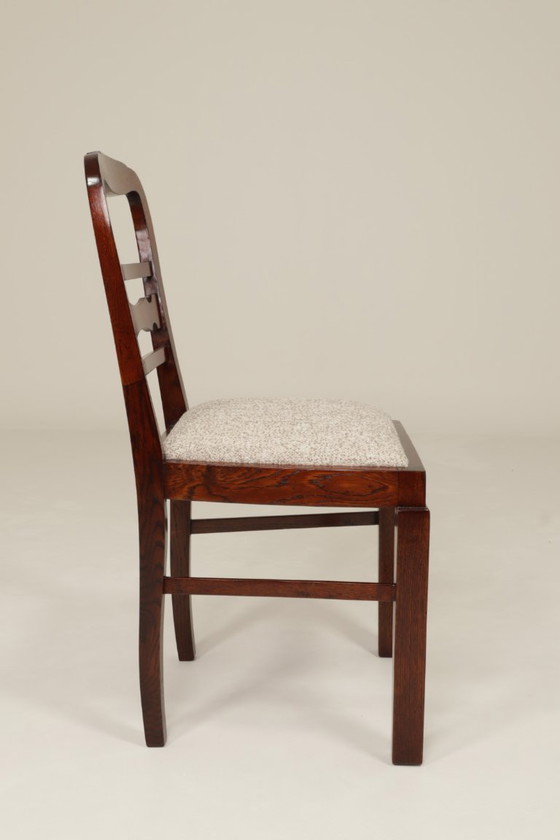 Image 1 of Art deco antieke eetkamerstoel eiken hout sneeuwvlokken stof 1950