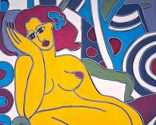 Artiste Painting - Patricia Kleyman - Elle Pense à Son Amoureux Nue sur un Fauteuil