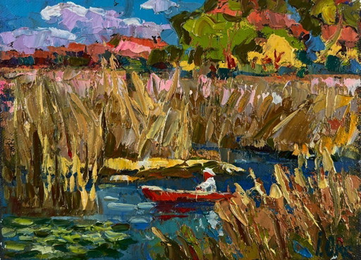 Origineel olieverfschilderij: Zomers rivierlandschap, stilte van het water.