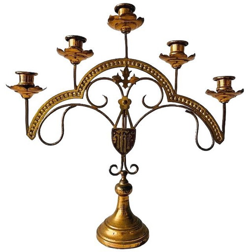 candélabre vintage en laiton à cinq branches, années 1970