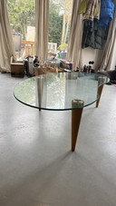 table basse vintage en verre en forme de rein
