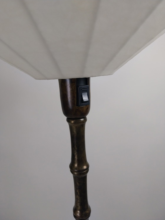 Image 1 of 1 x lot de 2 lampadaires en métal imitation bambou avec abat-jour cocon ELGO. Années 1970