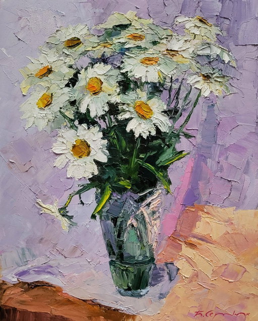 Original Oil Painting Floral Still Life Flowers in a Vase Bouquet of Daisies – schilderijen tekeningen, Canvas