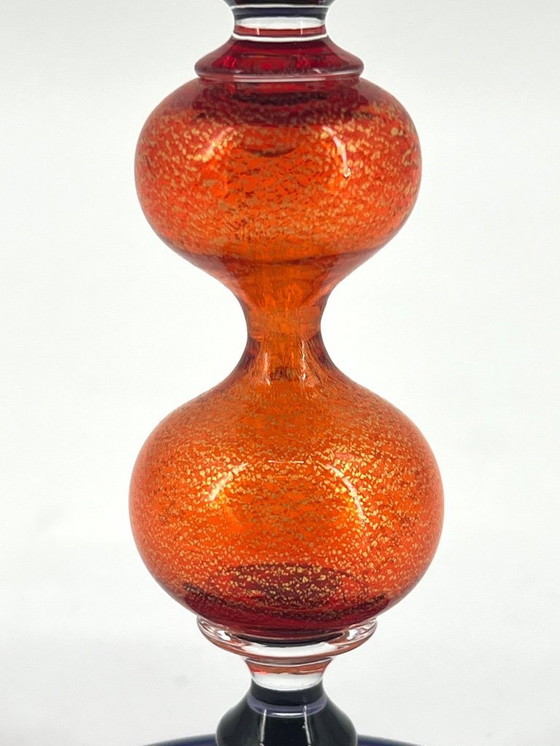 Image 1 of Signed Murano art glass goblet by Maestro Carlo Tosi “Caramea” – Blue bowl, orange stem, 24K gold leaf – 1970s