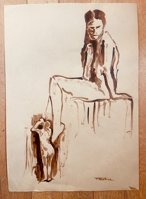 Image 1 of Painting with 2 preparatory sketches, female portrait "coming out of the bath"