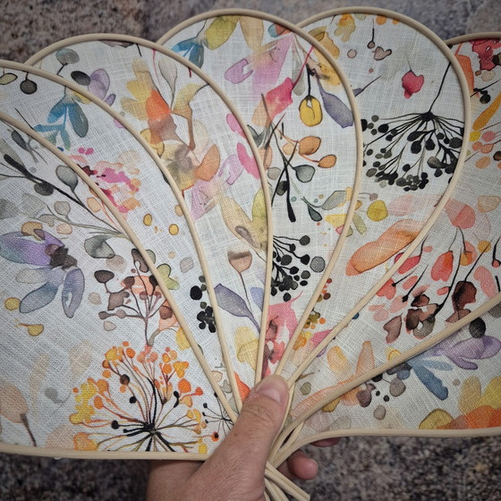 Image 1 of 12-petal propeller suspension in wicker and floral fabric with asymmetrical glass globe