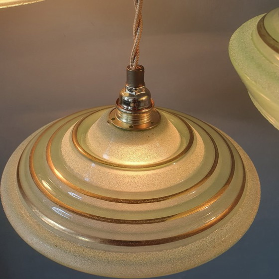 Set of 3 Antique Pendant Lights of Opaline Glass in Green, with Crushed Glass and Gold Decoration (photo 19 of 20)