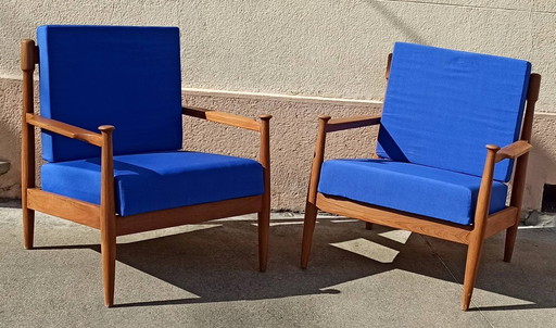 Pair of Scandinavian armchairs with blue cushions, 1960s