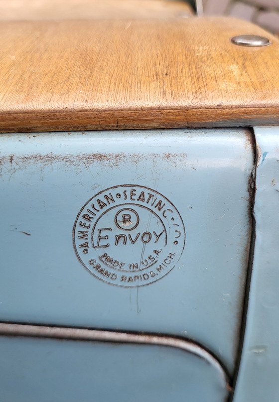 Banchetto scolastico anni '50/'60 modello "Envoy" American Seating Company, Scrivanie, Metallo, Legno, Blu (foto 8 di 14)