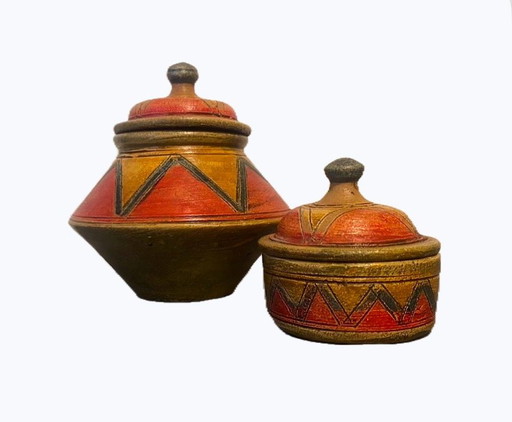 Set of Vintage Moroccan Rif Pottery – Hand-Painted Berber Terracotta (ca. 1950) – decoratieve objecten, Ceramic