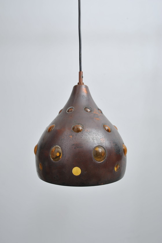 Image 1 of 2x Deckenleuchte aus Kupfer mit Buntem Glas (1960er)