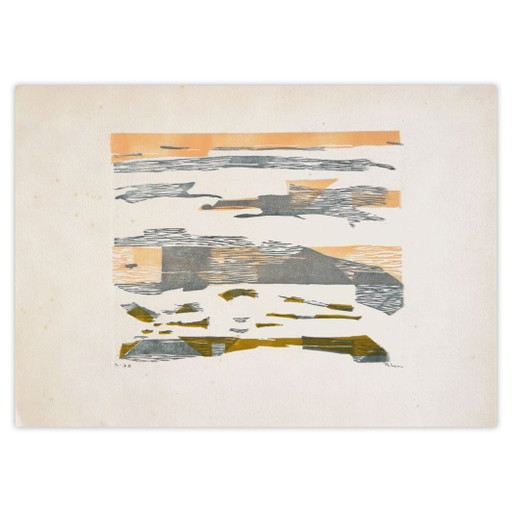 Monique PEHEM (BRETON-PROUTÉ) Déferlement Incisione su linoleum firmata 1973