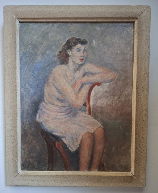 George Creten – Intimes Porträt einer Frau – Öl auf Papier auf Holz