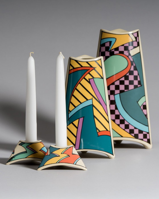Image 1 of Dorothy Hafner for Rosenthal, “Flash” Vase Duo with Matching Candleholder Pair, Germany, 1980s