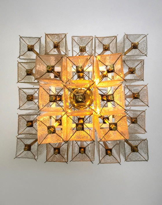 Image 1 of Kroonluchter van messing en gestructureerd ijsglas, jaren 50, Oostenrijk