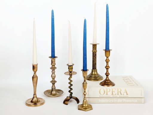 Set of 6 Vintage Brass Candleholders: Mixed-Height and Designs, Holiday Table