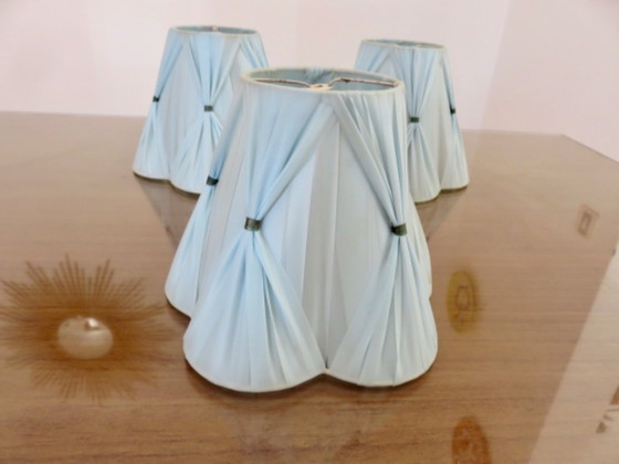 Image 1 of Set of 3 lampshades made of pale blue plastic strips. 1950